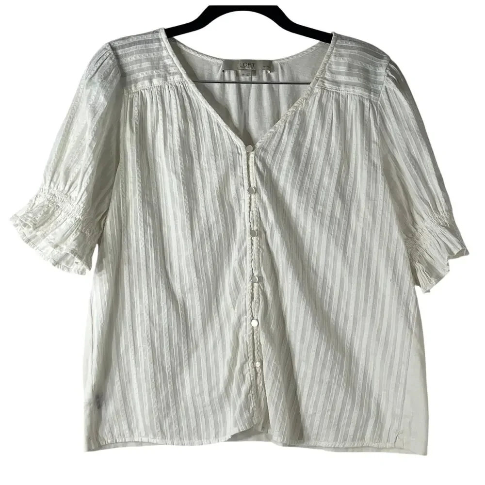 LOFT Petites Cream V Neck Puff Sleeve Blouse Size SP